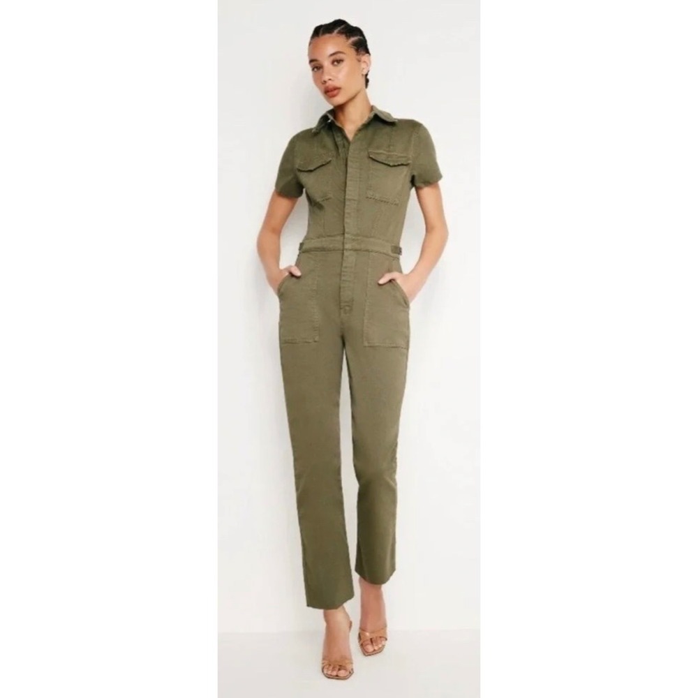 Good American Fit For Success Denim Jumpsuit Olive Utility Straight Leg Size S